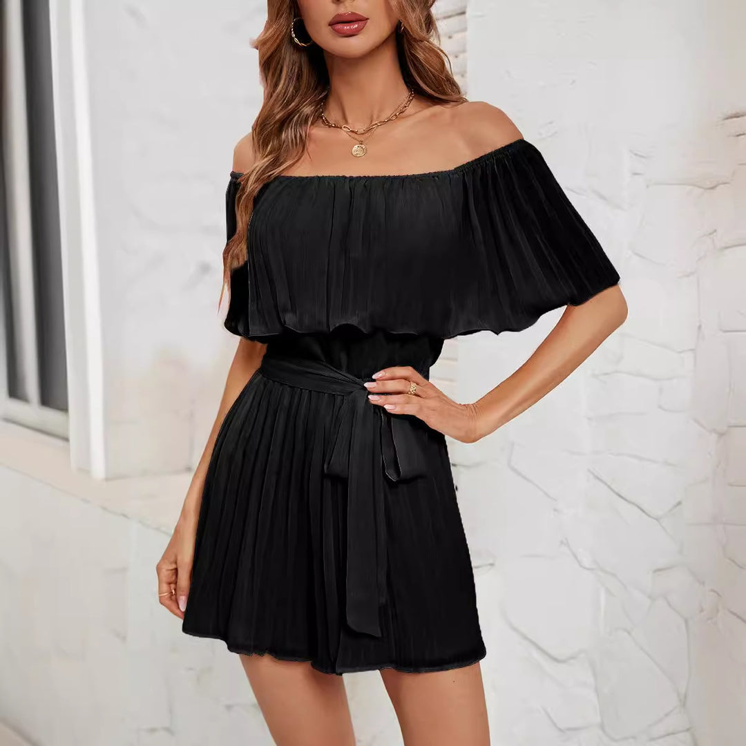 Black Off-Shoulder Pleated Dress