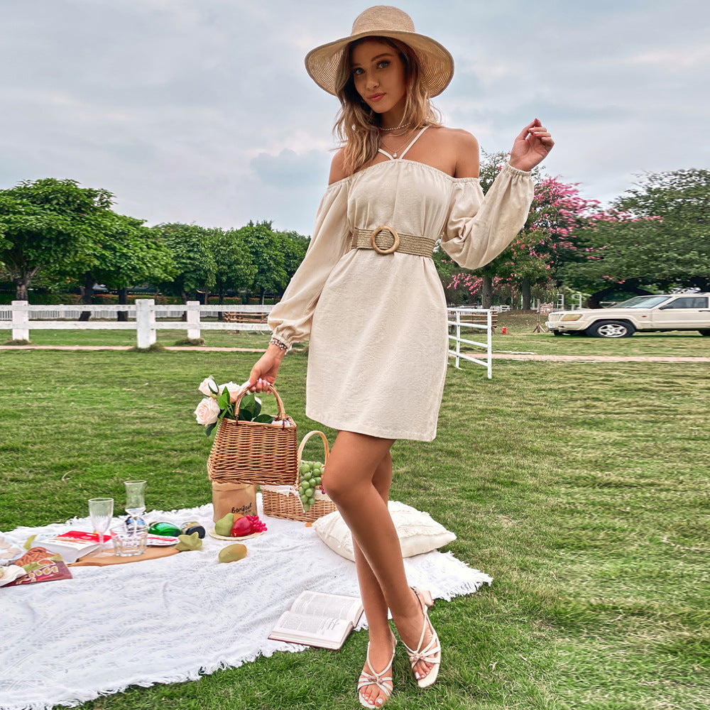 Khaki  Cold Shoulder Bishop Sleeve Dress
