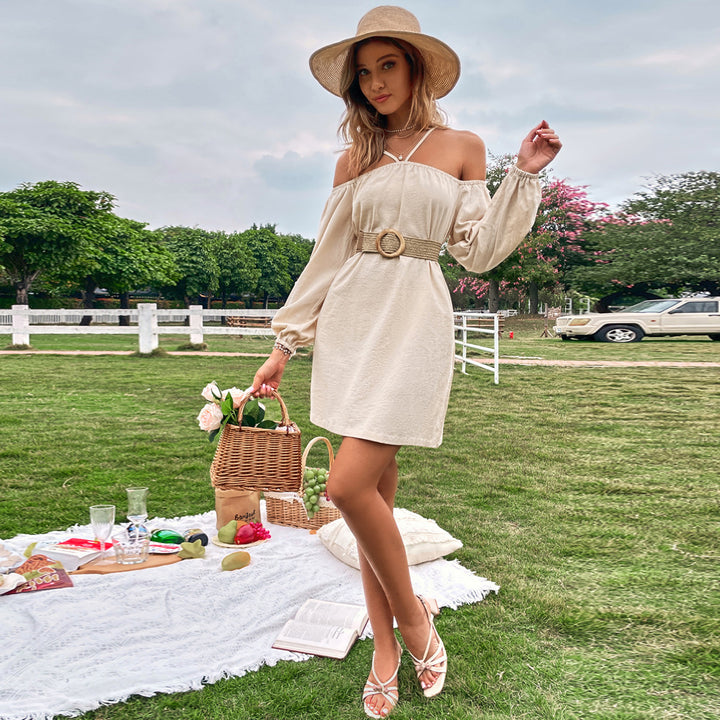 Khaki  Cold Shoulder Bishop Sleeve Dress