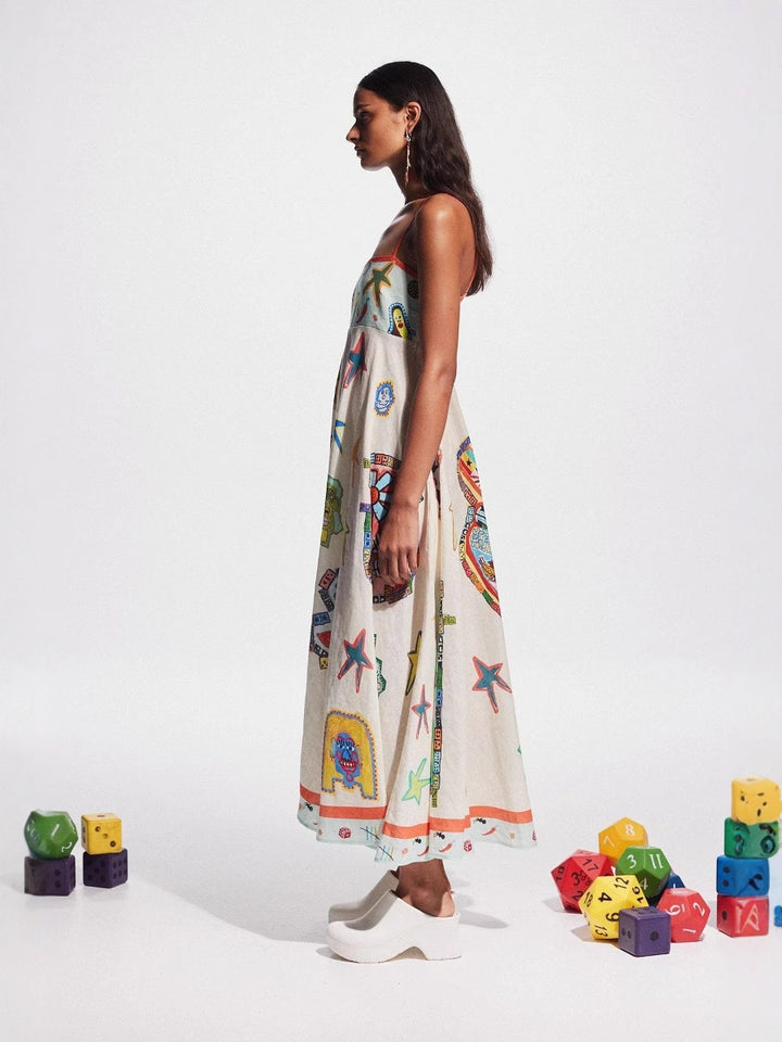 White Abstract Print Fit And Flare Maxi Dress