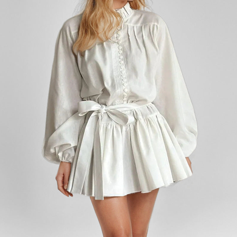 White Printed Balloon Sleeve Skater Dress