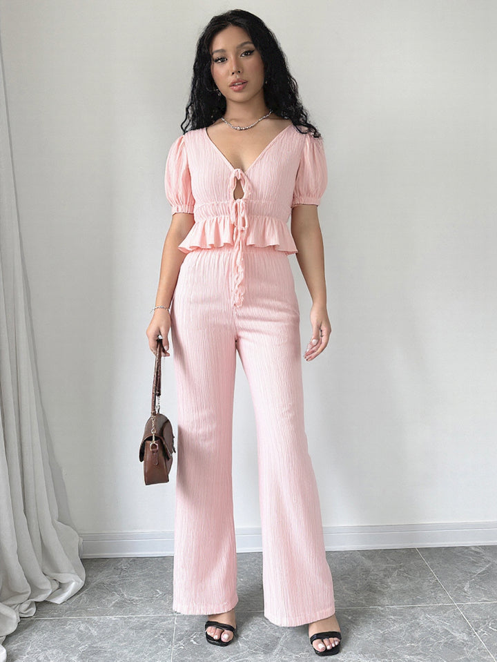 Pink Puff Sleeved Top And Pants Co-Ord Set