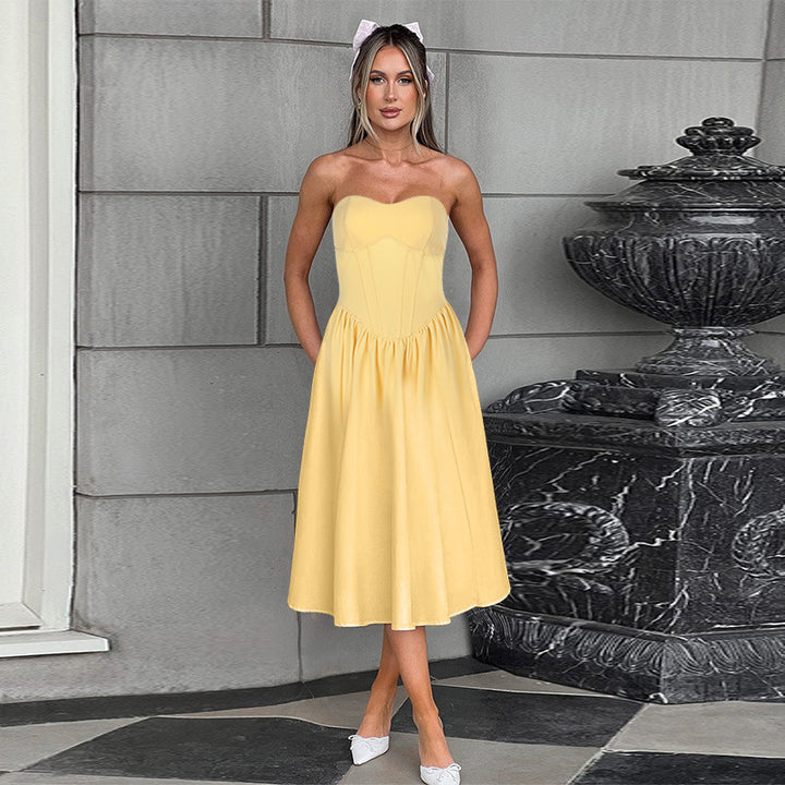 Yellow Pointed Waistline Corset Dress