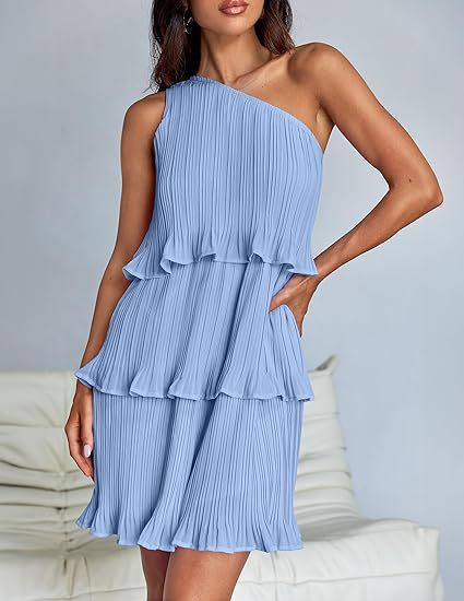 Blue One Shoulder Three Tiered Pleated Dress