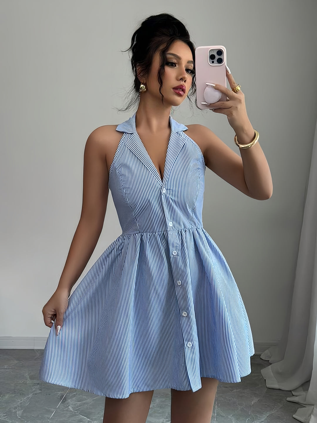 Blue Collared Front Buttoned Dress