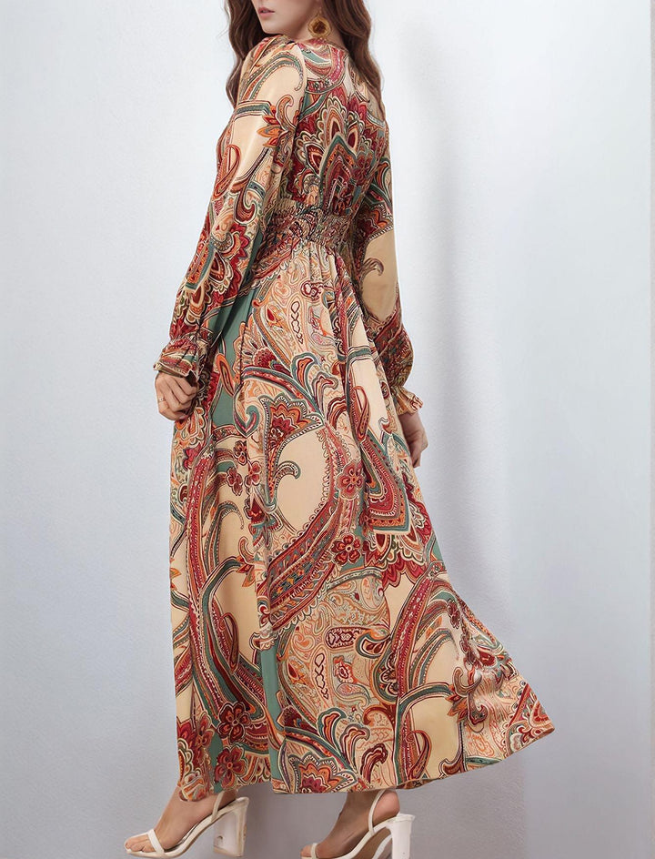 Brown Bishop Sleeve V Neck Printed Dress