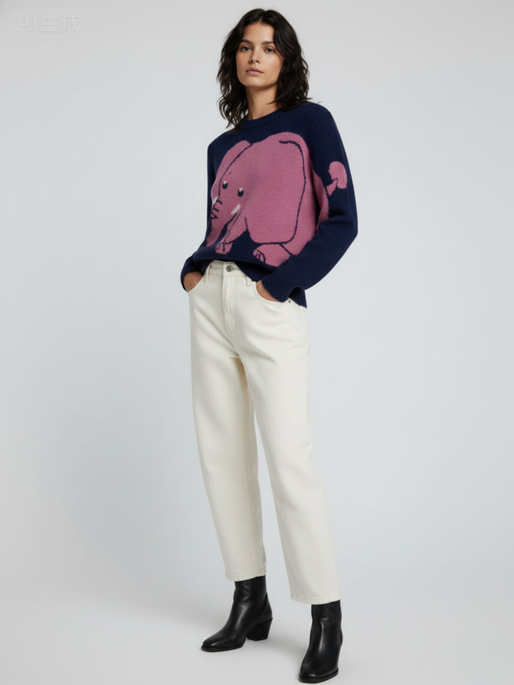 Blue Full Sleeve Crew Neck Graphic Sweater