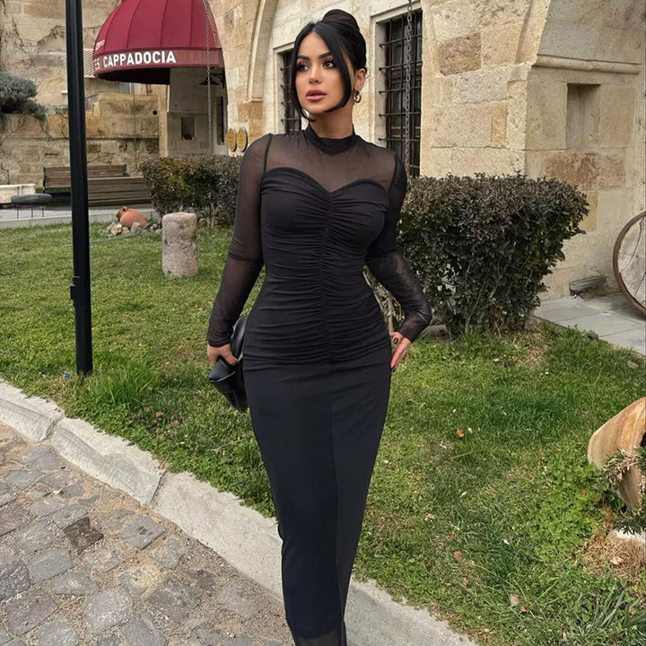Black Sweatheart Neck Line Mesh Dress Maxi Dress