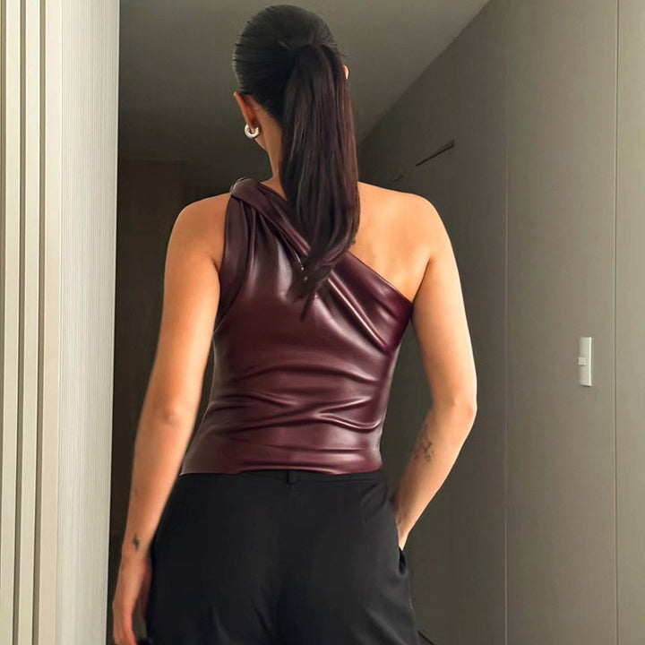 Brown One Shoulder Strap Pu Top