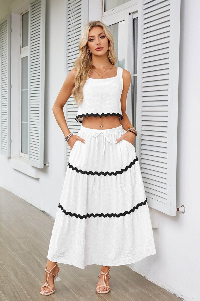 White Contrast Tipping Top And Skirt Co-Ord Set