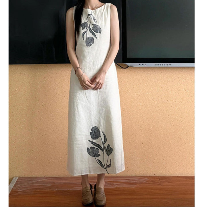 White Printed Boat Neck Maxi