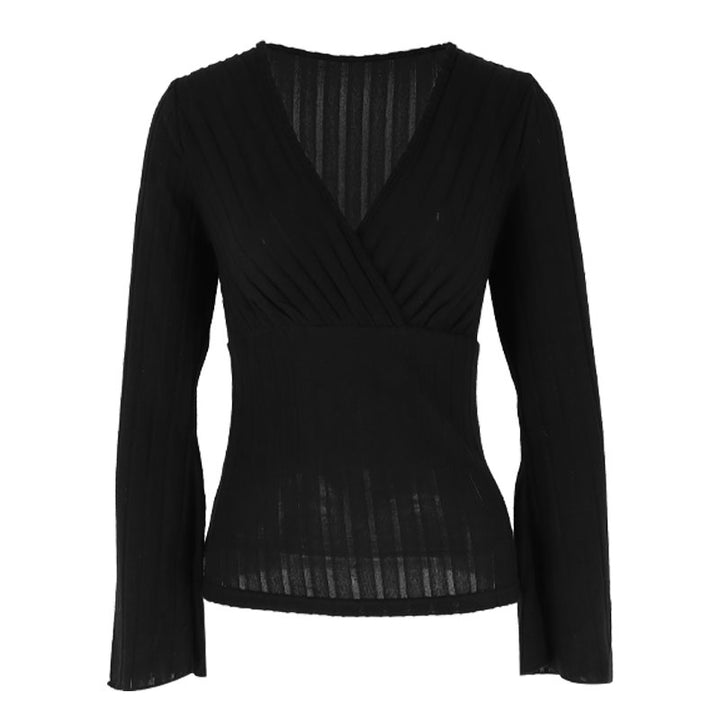 Black V Neck Bell Sleeves Fitted Top