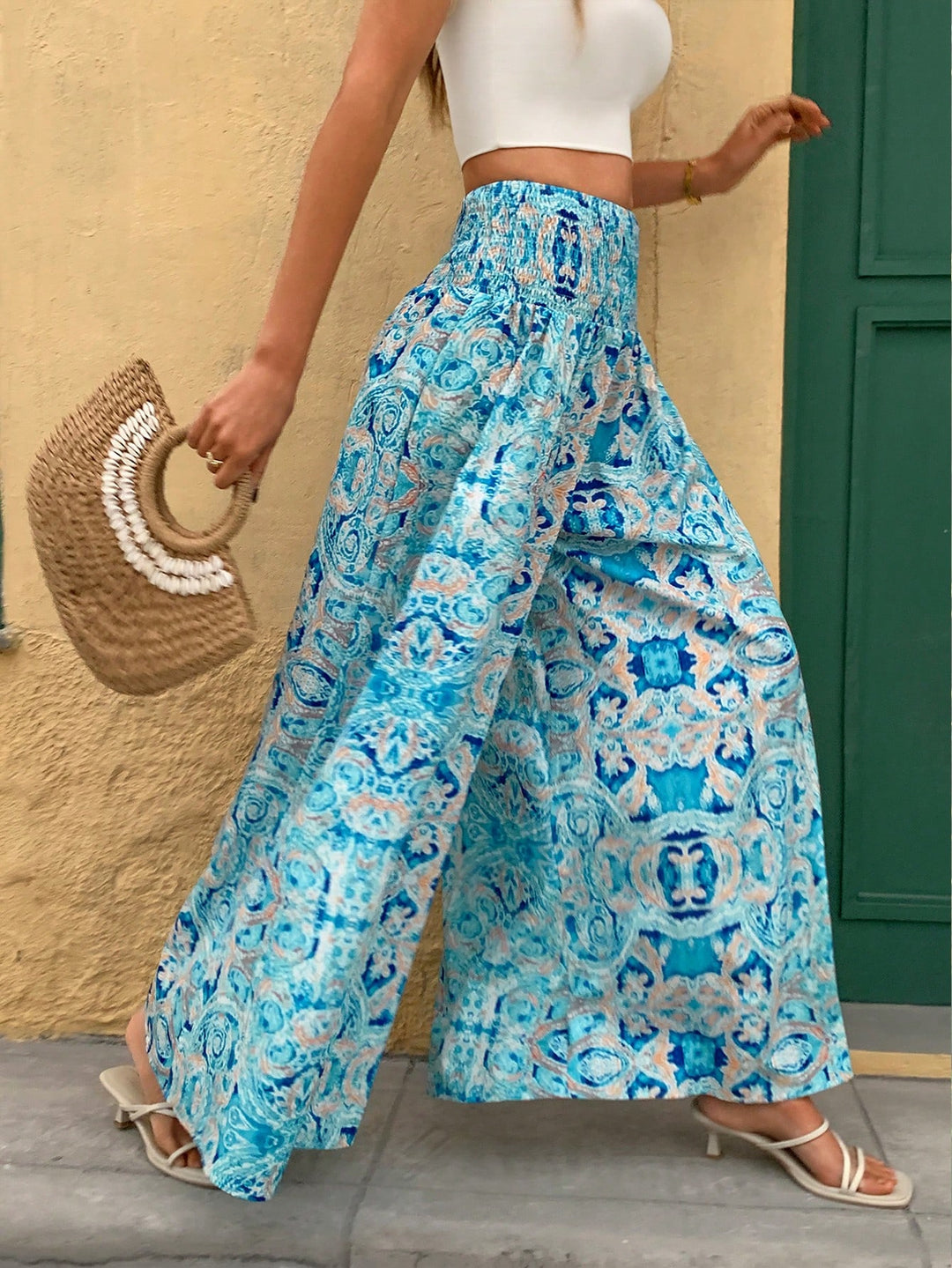 Blue Printed Waist Fitted Trousers