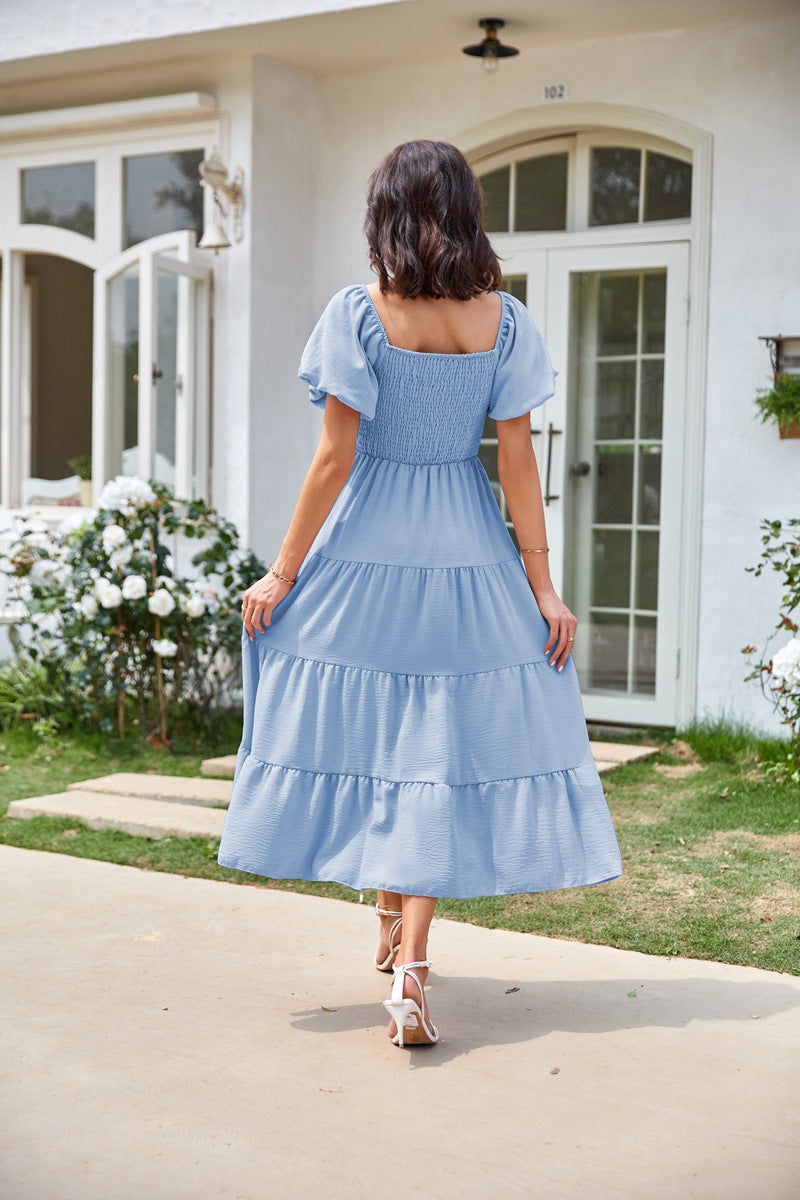 Blue Square Neck Puff Sleeved Tiered Dress