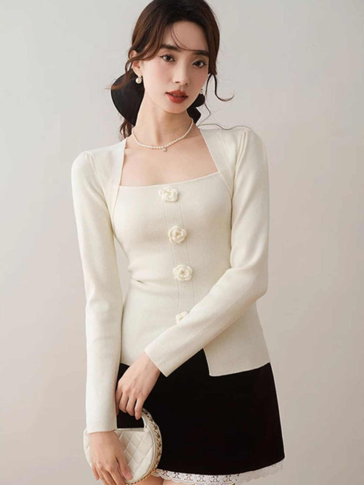 White Full Sleeve Square Neck Flower Trim Top
