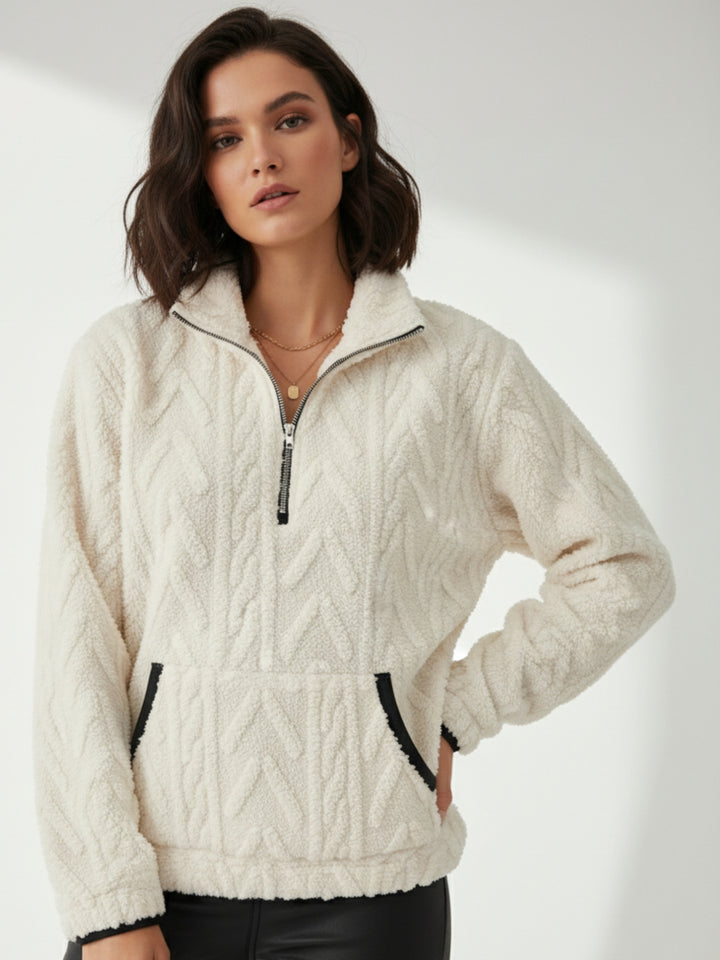 Off White Zip Up Collared Textured Sweater With Pockets