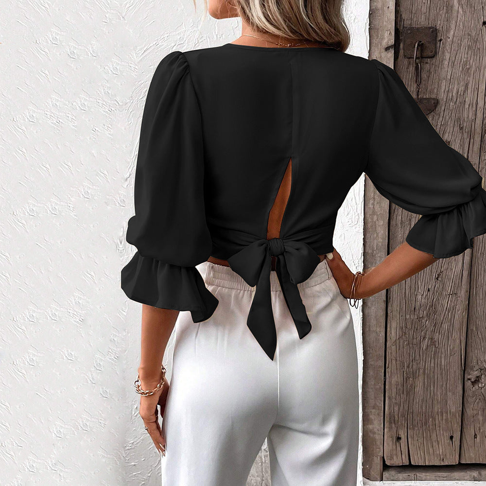 Black Ruffle Sleeve V-Neck Top