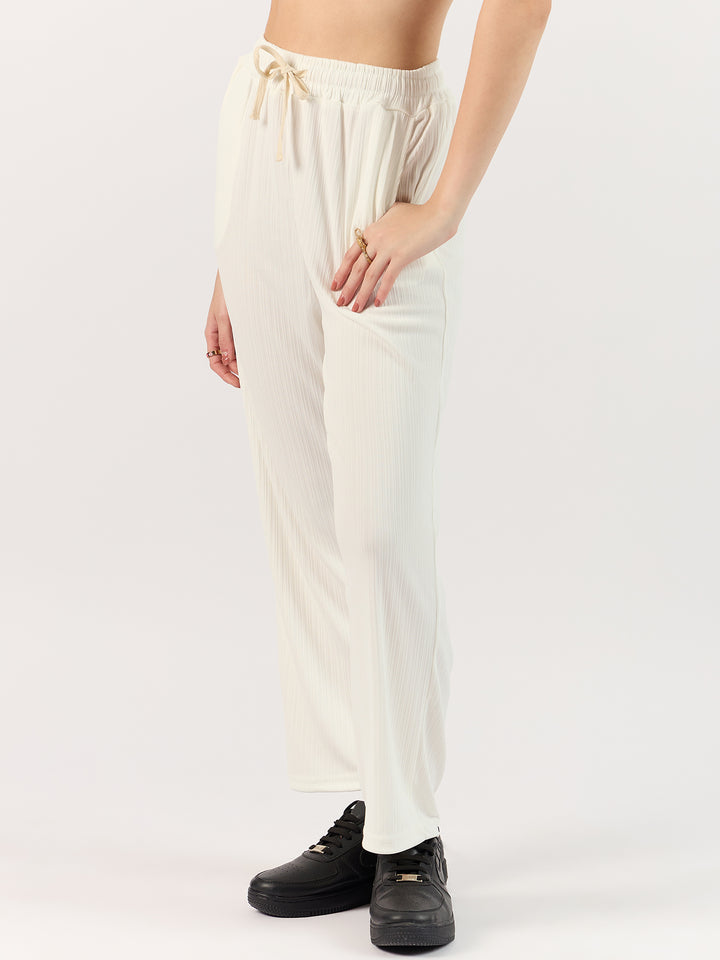 Solid White Textured Wide Leg Trouser