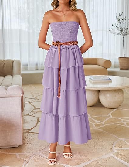 Purple Tube Smoked Dress With Ruffled Layers