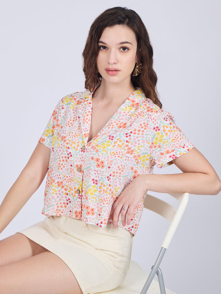 White Notch Collar Cropped Shirt