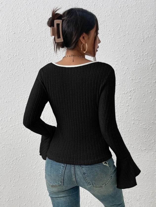 Black U Neck Contrast Tiping Full Sleeves Fitted  Top