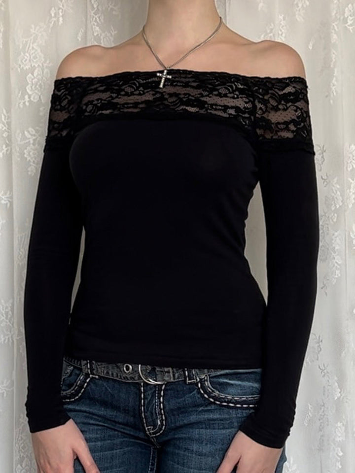 Black Lace Off Shoulder Full Sleeves Top