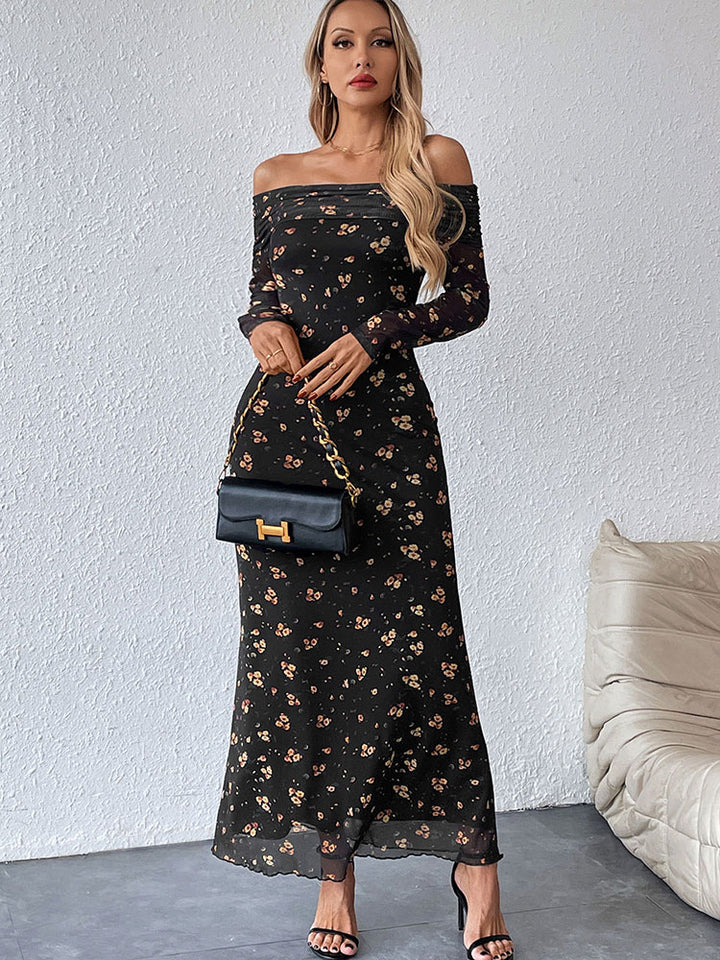 Black Floral Print Broad Neck Maxi Dress