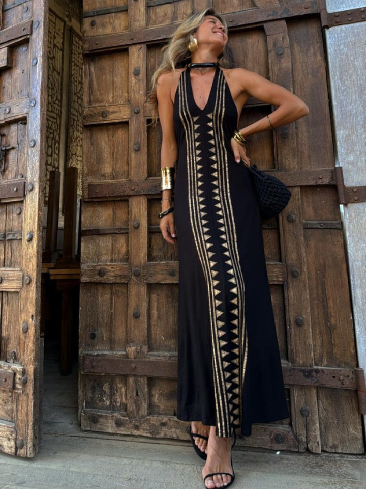 Black Abstract Printed Halter Neck Dress
