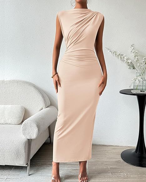 Cream Asymmetric Neck Side Ruched Bodycon Dress