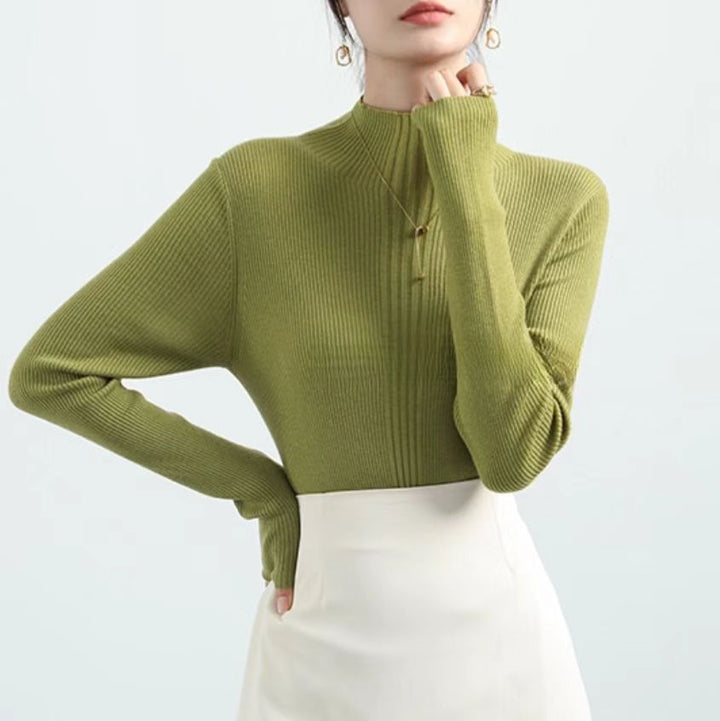 Green Full Sleeve Mock Neck Fitted Sweater