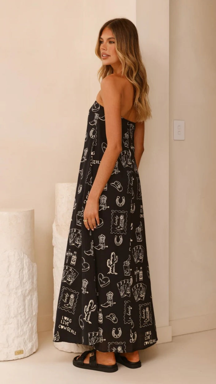 Black Strapless Floral Printed Dress