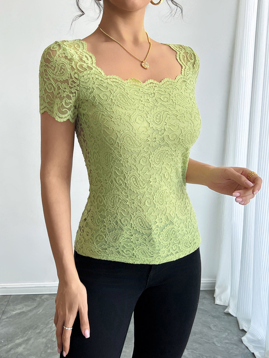 Green Short Sleeve Scallop Neck Top