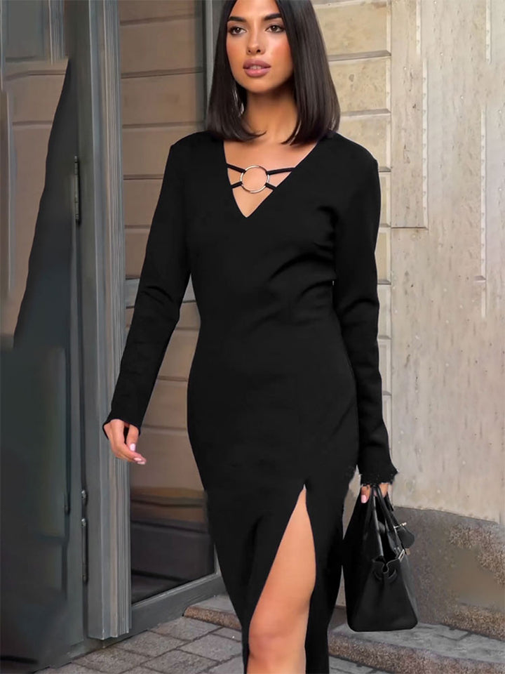 Black V Neck Bodycon Dress