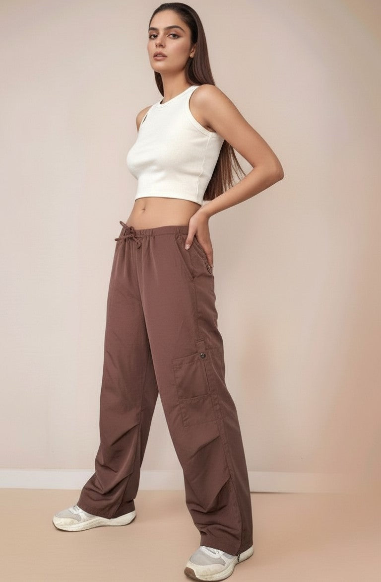 Brown Cargo Pockets Drawstring Wid Leg Trouser
