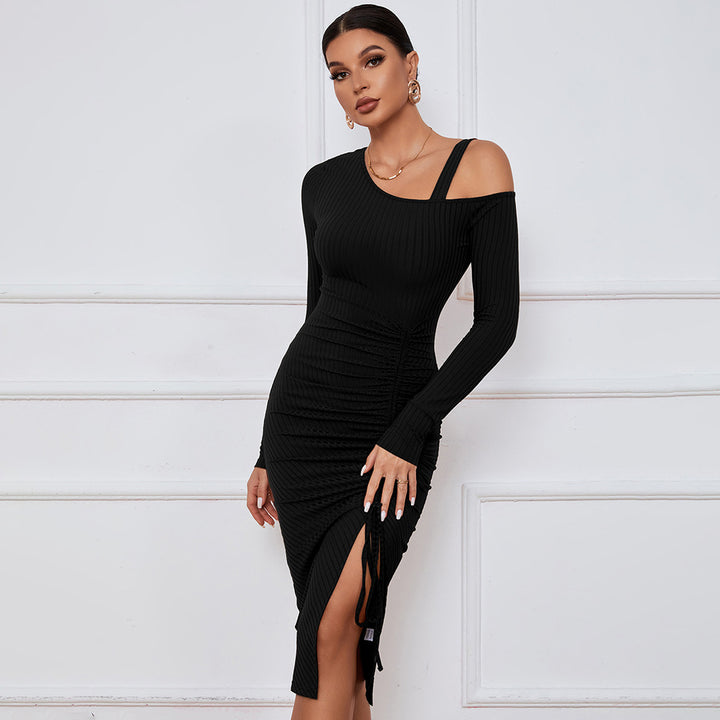 Black Full Sleeve Cold Shoulder Front Ruched Dress