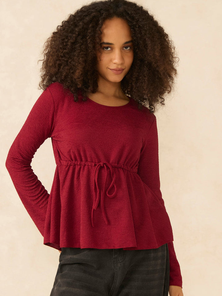 Maroon Round Neck Peplum Top With Full Sleeves