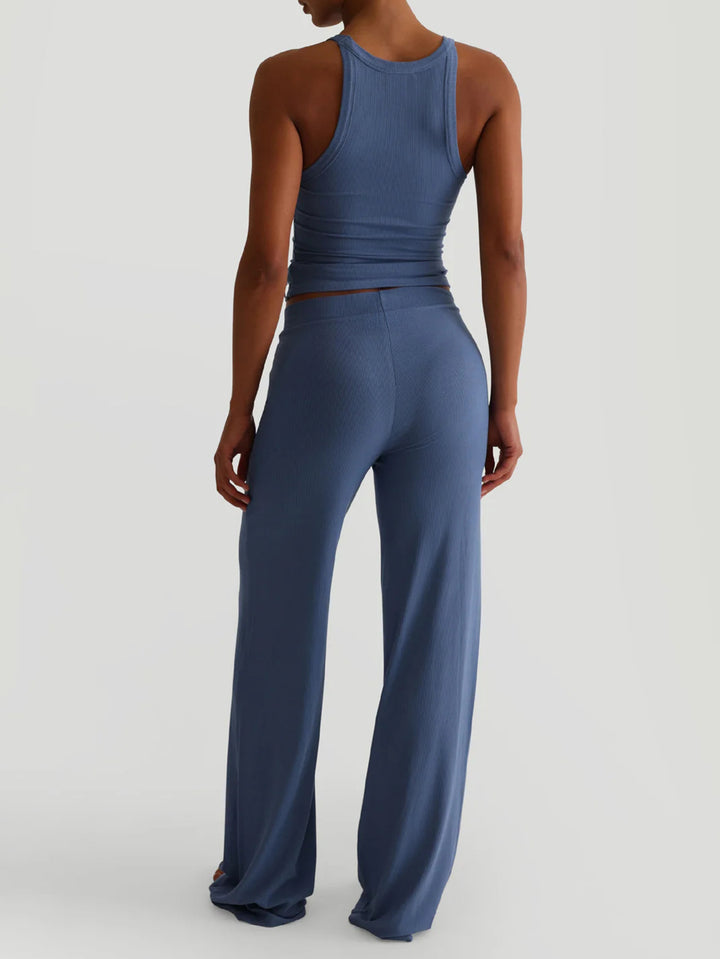 Blue Shoulder Strap Solid Top And Pant Set