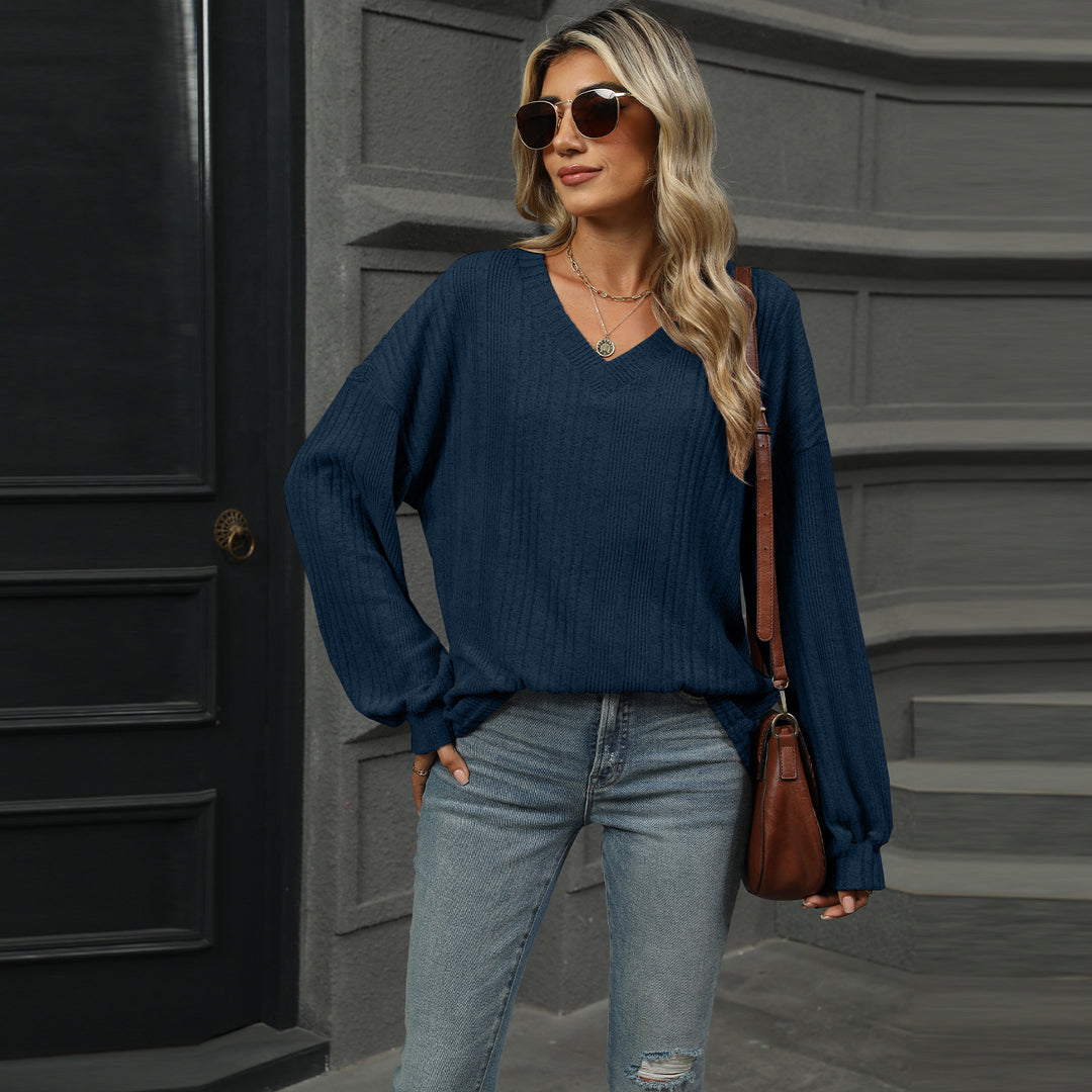 Navy Blue Bishop Sleeve Solid Relaxed Top