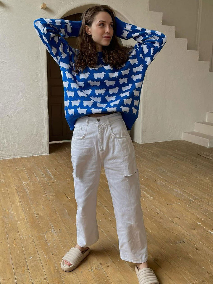 Blue Printed Relaxed Sweater