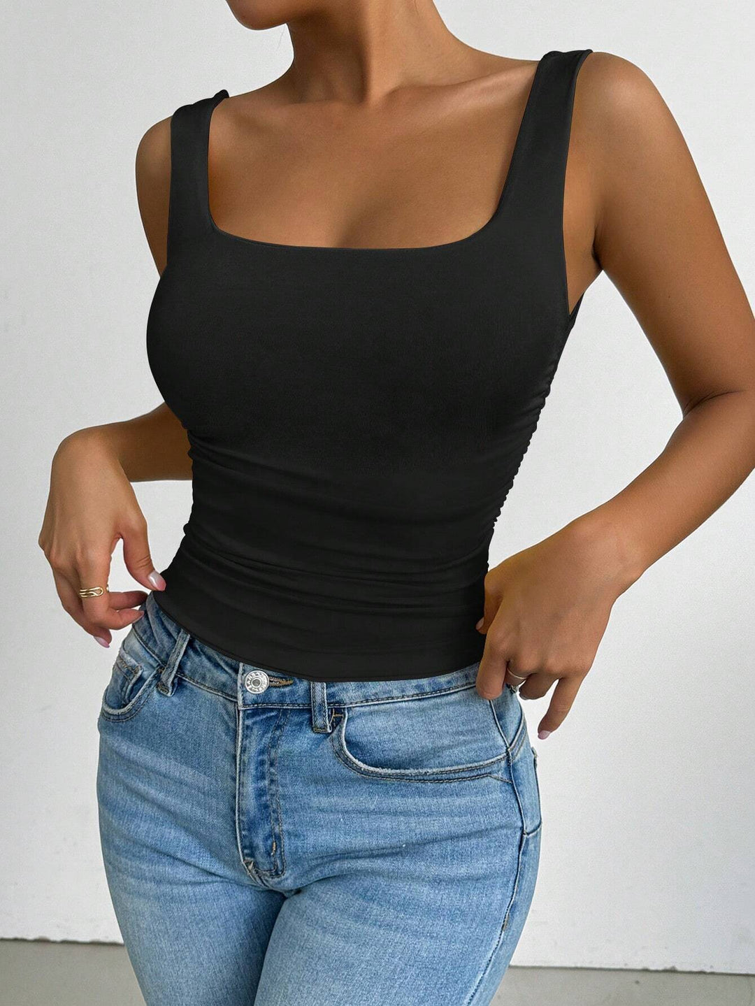 Black Wide Shoulder Strap Round Neck Top