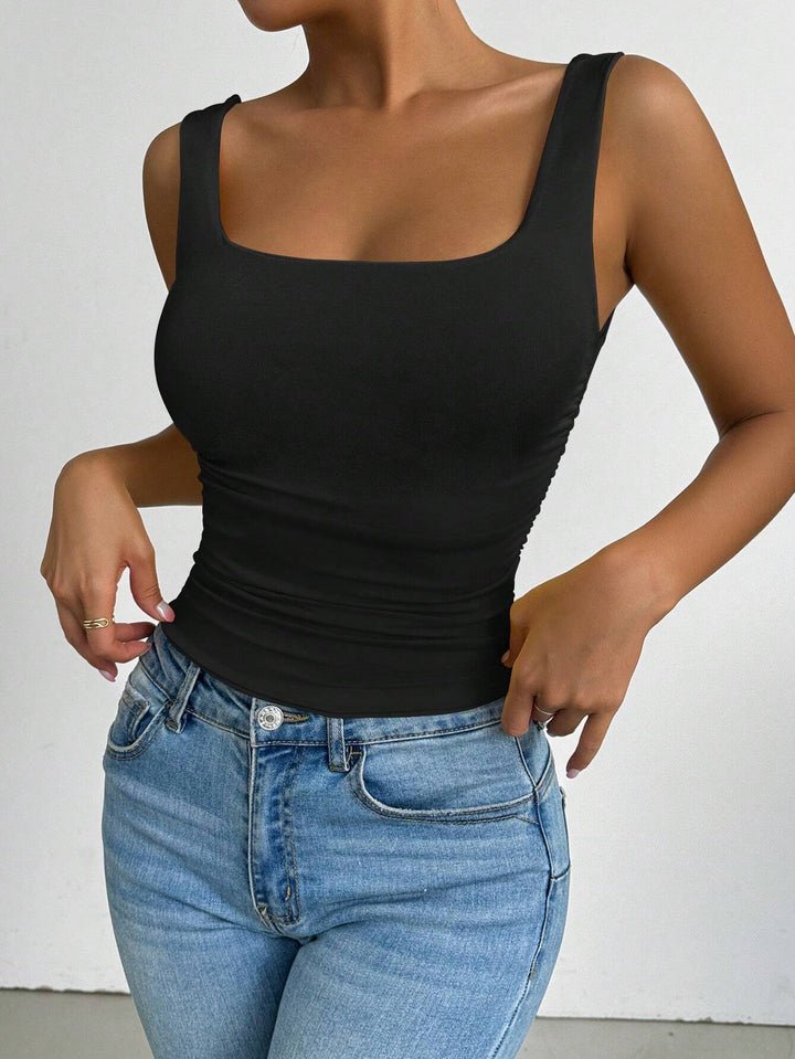 Black Wide Shoulder Strap Round Neck Top