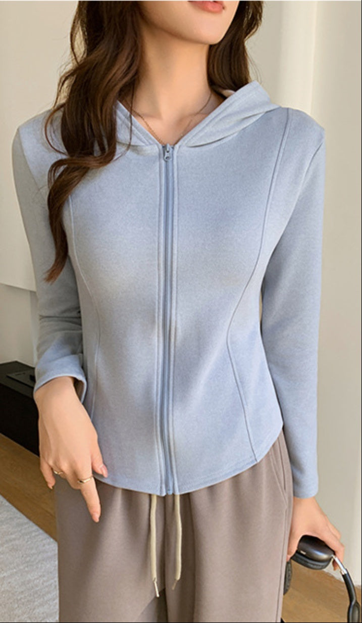 Grey Full Sleeves Front Zip Hooded Jacket