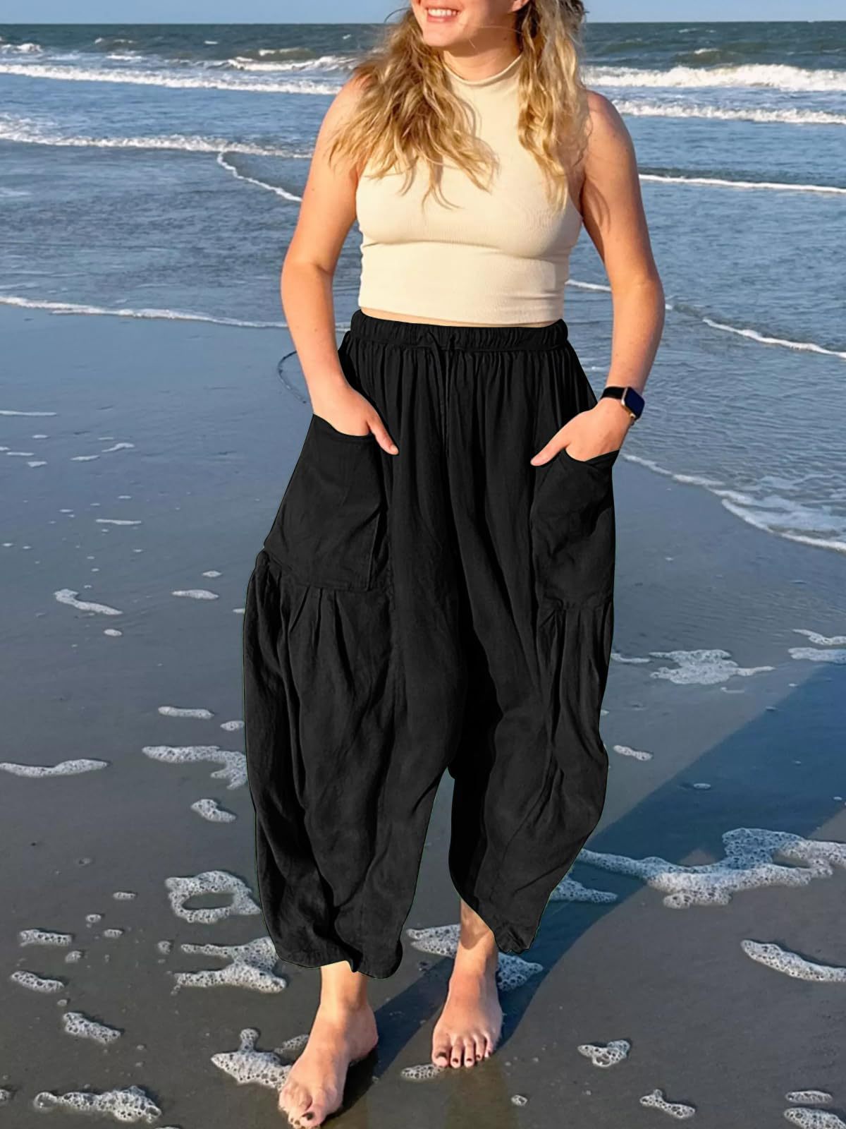 Black Wide Leg Casual Cargo Pants
