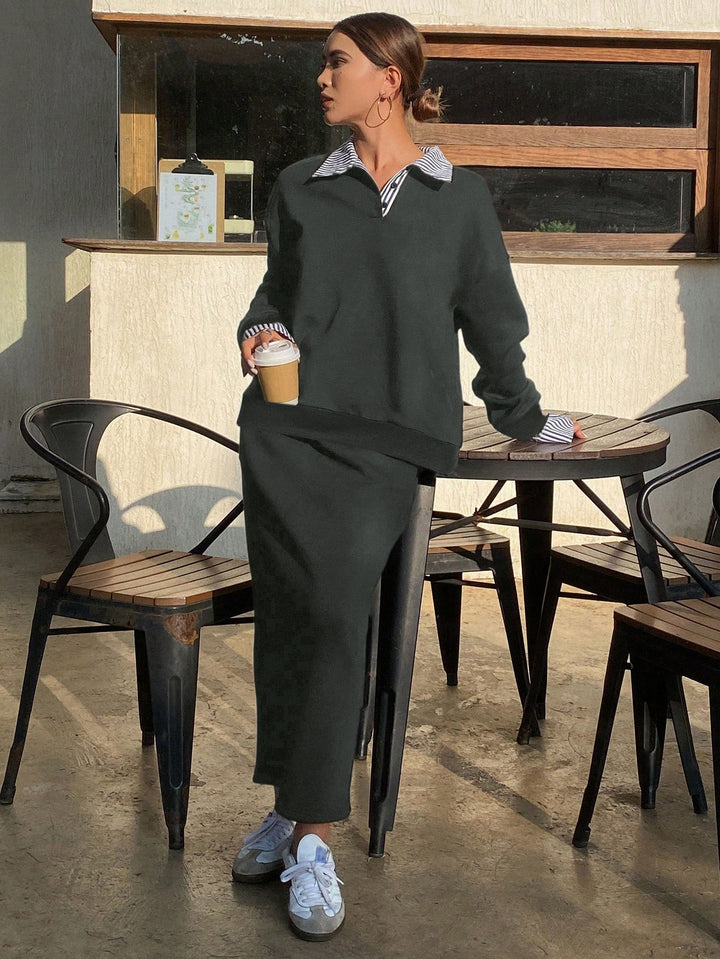 Teal Full Sleeve Pullover And Skirt Set