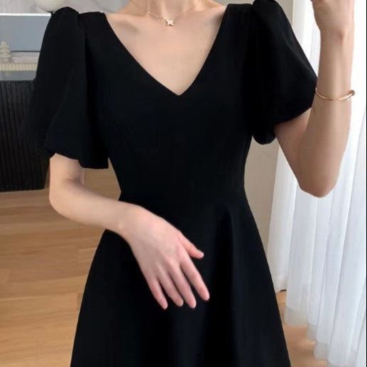 Black V Neck Flared Sleeve Dress