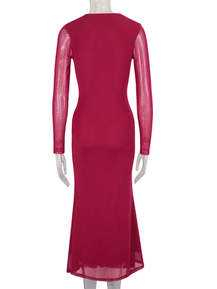 Maroon Full sleeve front ruffle v neck dress