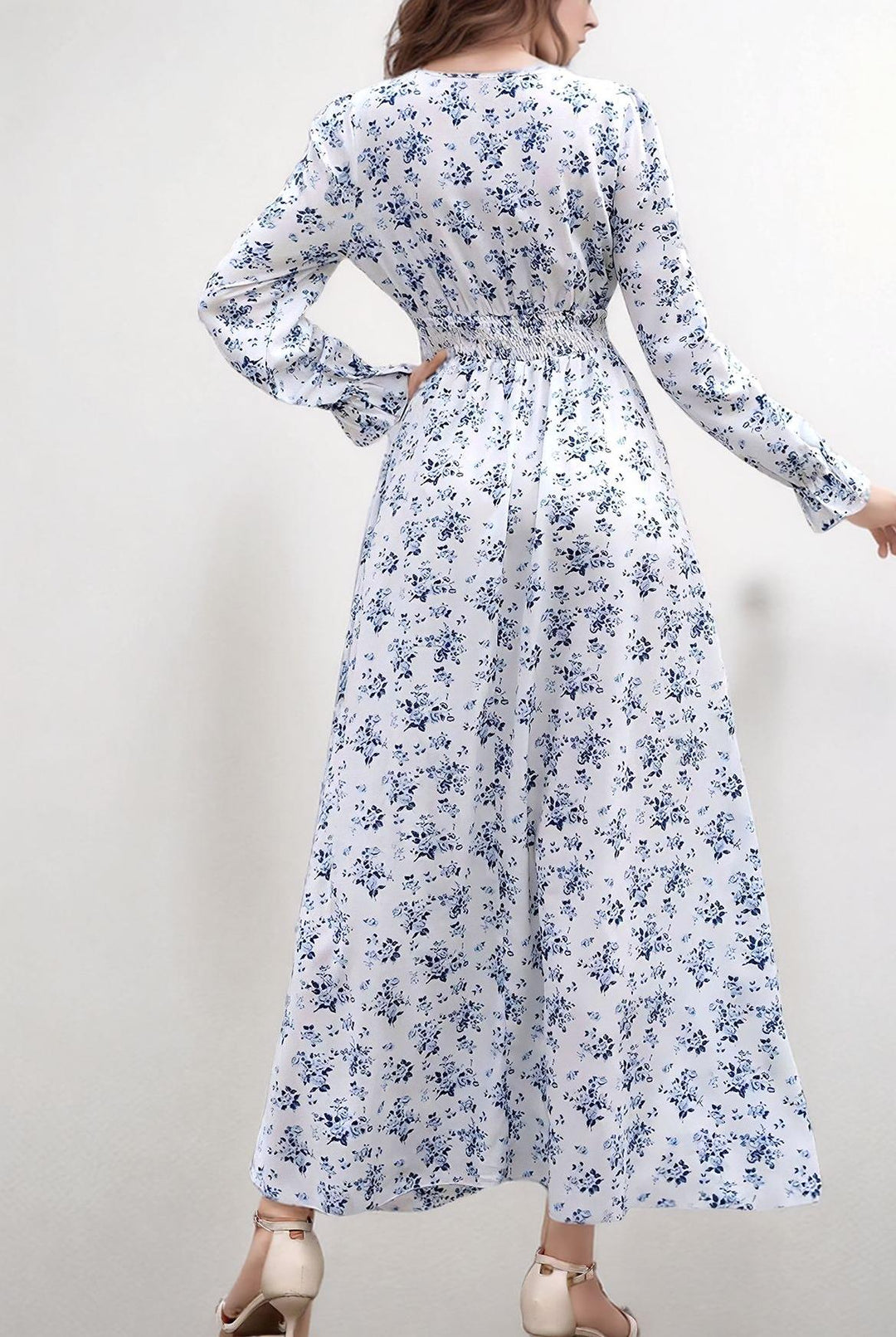Blue Bishop Sleeve V Neck Printed Dress