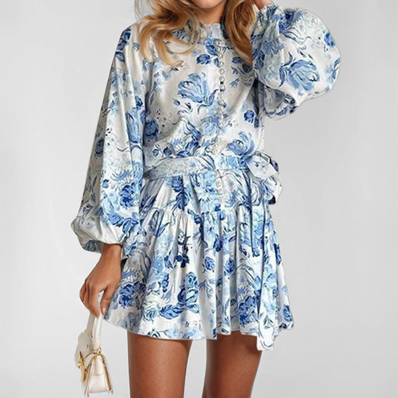 Blue Printed Balloon Sleeve Skater Dress