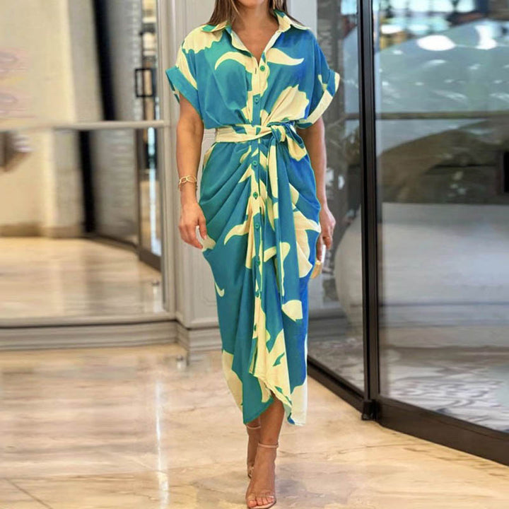 Blue Printed Waist Tie Up Straight Fit Dress