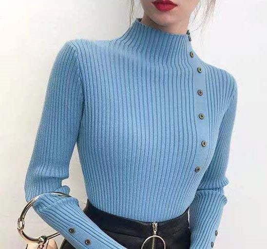 Blue Full Sleeve Button Trim Fitted Sweaters